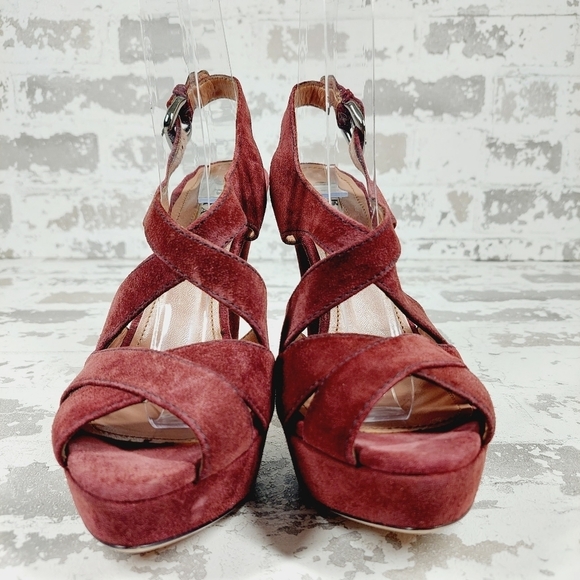 Prada Burgundy Red Suede Buckle Slingback High Heeled Sandals O97 - Picture 3 of 12